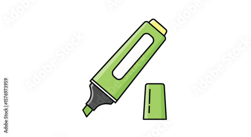Illustration of a simple green highlighter marker with its cap beside it in a clean style on a white background