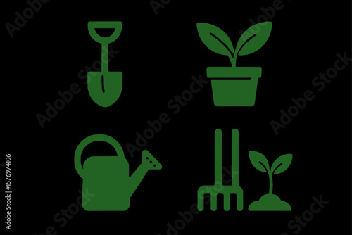 Green gardening icons: shovel, plant pot, watering can, rake, seedling
