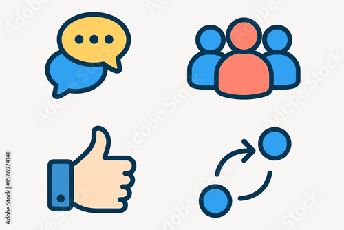 Communication icons: chat bubbles, profile group, thumbs up, interaction symbols