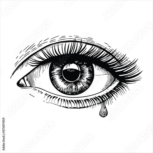 Detailed sketch of an eye with a single tear falling, conveying a sense of sadness and emotion isolated on white background