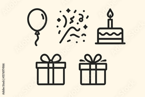 Birthday celebration icons: balloon, confetti, cake, gift boxes