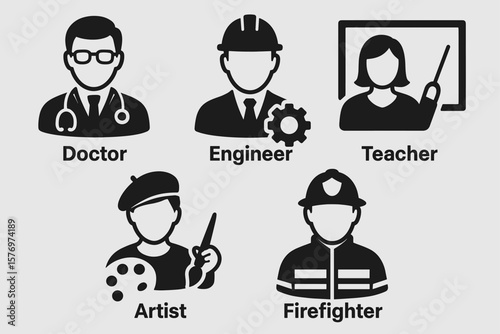 Silhouette icons of doctor, engineer, teacher, artist, firefighter