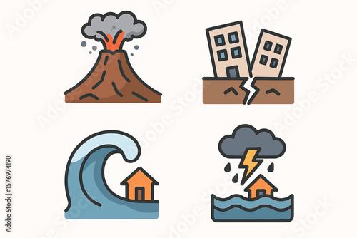 Natural disasters icons featuring volcano, earthquake, tsunami, and flood