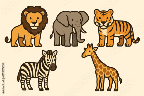 Cartoon safari animals: lion, elephant, tiger, zebra, giraffe in playful style