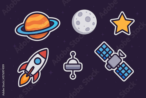 Colorful space icons with planets, rocket, moon, star, and satellite on dark background