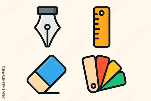 Icon set featuring pen nib, ruler, eraser, and color palette for design