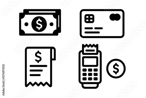 Black and white icons of money, credit card, receipt, and payment terminal