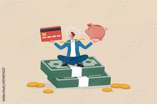 Man in suit meditating on stack of money holding credit card and piggy bank symbolizing financial balance and investment choices isolated on transparent background