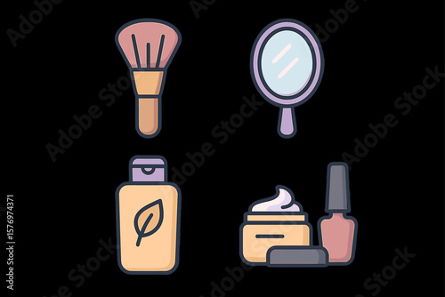 Colorful makeup elements: brush, mirror, lotion, cream, and nail polish