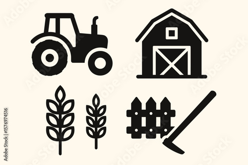 Agriculture icons: tractor, barn, crops, fence, scythe