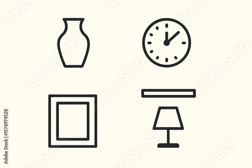 Minimalist icon set featuring vase, clock, picture frame, lamp