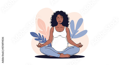 Calm pregnant woman meditating in lotus pose finding inner peace and mindfulness during expectation