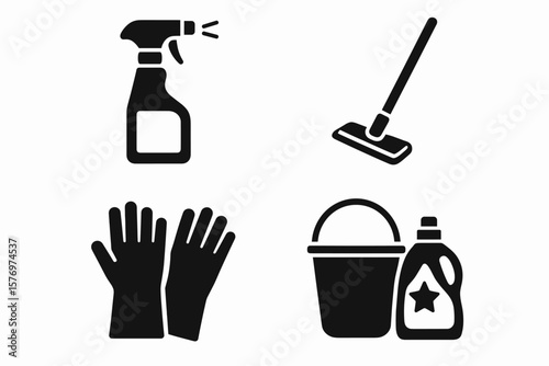 Cleaning tool icons: spray bottle, mop, gloves, bucket, detergent