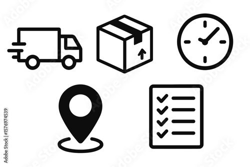 Delivery icon set: truck, package, clock, location, checklist graphics