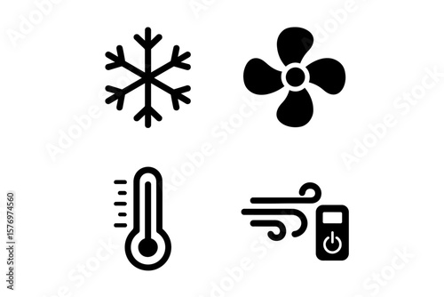 Climate control icons: snowflake, fan, thermometer, wind with remote