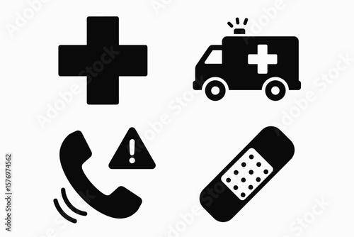 Emergency symbols: cross, ambulance, phone, bandage icons for medical use