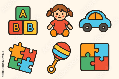 Colorful baby toys: blocks, doll, car, puzzle, rattle design