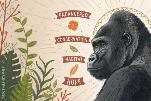 Illustrated poster of an endangered gorilla with conservation, habitat, and hope text banners. A powerful wildlife protection and environmental awareness artwork. generative ai