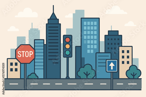 Cityscape with traffic lights and signs in urban skyline illustration