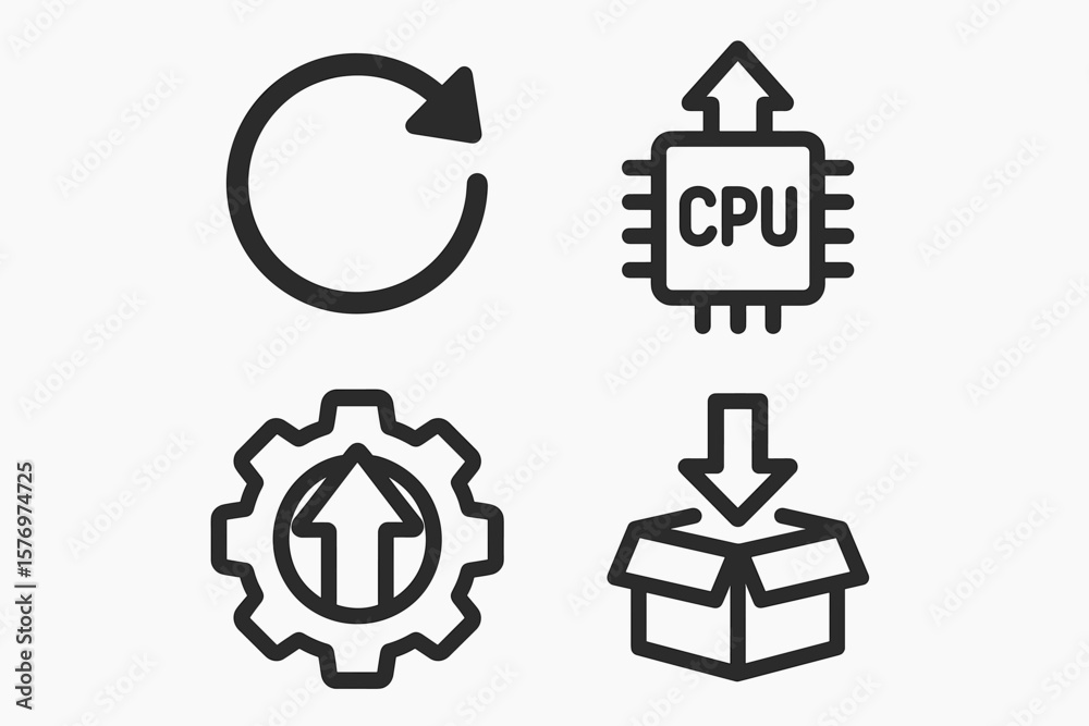 Fototapeta premium Update icons: refresh, cpu, settings, download box symbols in black and white