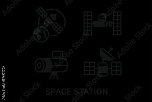 Black and white space station icons with satellite, telescope, and antenna