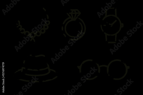 Fashion accessories: necklace, ring, watch, hat, and glasses icons