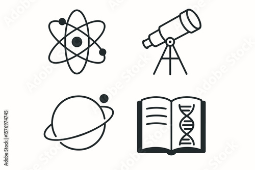 Science icons: atom, telescope, planet, dna book