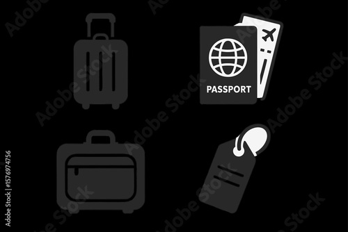Travel essentials icons: passport, suitcases, and luggage tag on black background