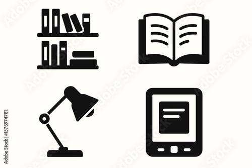 Book icons: bookshelf, open book, desk lamp, e-reader symbols in black