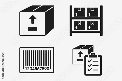 Warehouse symbols: storage boxes, barcode, clipboard, and shelving icons