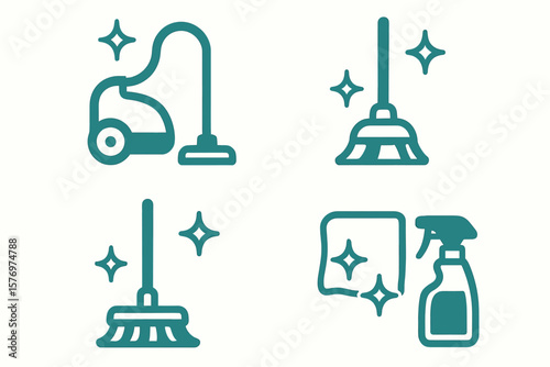 Vacuum, mop, and cleaning spray icons with sparkles for housekeeping