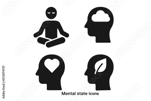 Mental state icons: meditation, cloud, heart, leaf in black silhouettes