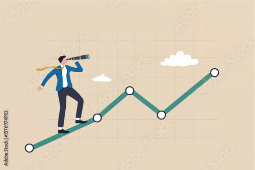Businessman with telescope looking at upward trending graph with clouds suggesting future success and growth isolated on transparent background