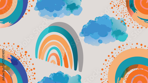 Illustration featuring rainbows, abstract clouds, and scattered orange dots on a light background
