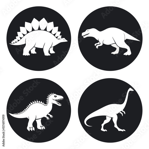 Four Black and White Dinosaur Icons Prehistoric Creatures in Round Graphic Designs Paleontology and Extinct Animals