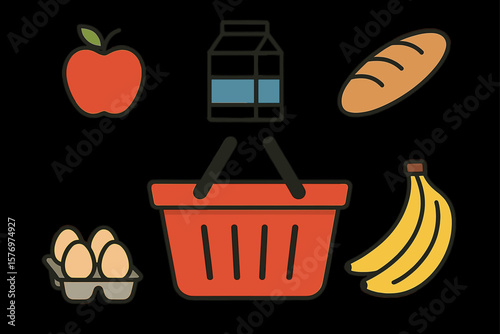 Colorful shopping basket with groceries: apple, milk, bread, eggs, and bananas
