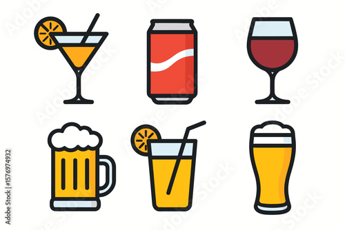 Variety of drink icons: cocktails, soda, wine, beer, juice