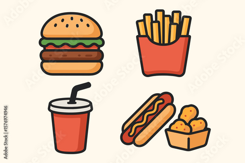 Cartoon fast food icons: burger, fries, drink, hot dog, nuggets