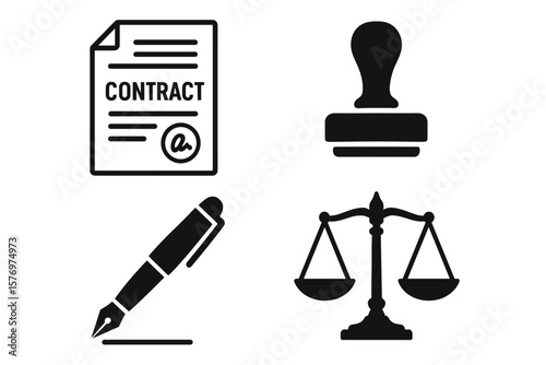 Legal symbols: contract, stamp, pen, and scales of justice