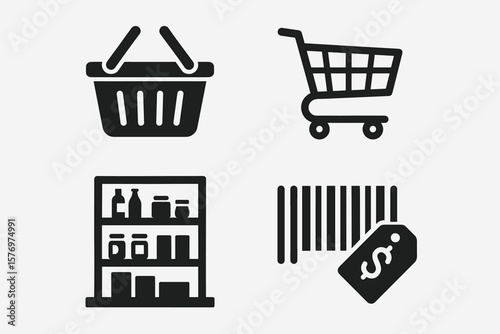 Shopping icons: basket, cart, shelves, barcode with tag