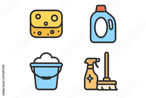 Colorful cleaning supplies icons: sponge, detergent, bucket, spray bottle, brush