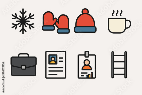 Winter accessories and work items: hat, mittens, mug, briefcase, id cards, ladder