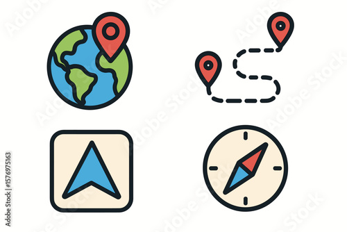 Navigational icons: globe, route, compass, arrow for maps and travel