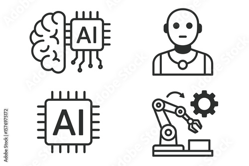 Ai technology icons: brain chip, robot, automation gear, circuit board