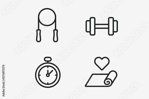 Minimalist fitness icons: jump rope, dumbbell, stopwatch, yoga mat with heart