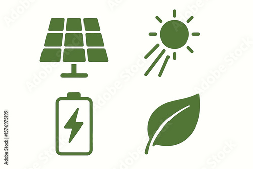 Green energy icons: solar panel, sun, battery, and leaf representing renewable energy