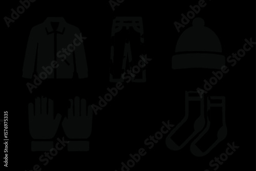 Winter clothing icons: jacket, pants, hat, gloves, socks