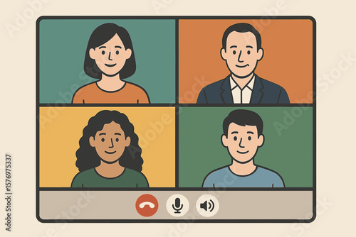 Cartoon video call with four diverse characters in virtual meeting