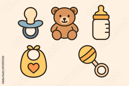 Cute baby items illustration with pacifier, teddy bear, bottle, bib, and rattle