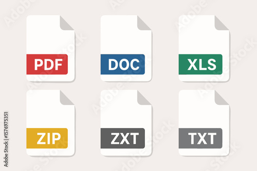Pdf, doc, xls, zip, zxt, txt file icons on neutral background